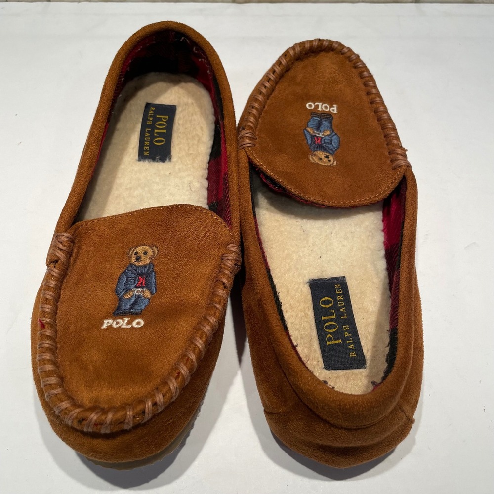 Polo Ralph Lauren Dezi V Bear Slippers Tan Faux Suede Moccasins Womens 7 - Picture 2 of 5